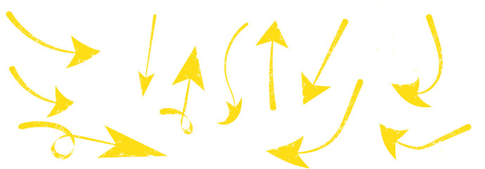 Various bold brush drawn curved arrows. Collection doodle marker thick arrows in different directions. Hand drawn vector direction pointers. Curved and wavy brush strokes with scratches.