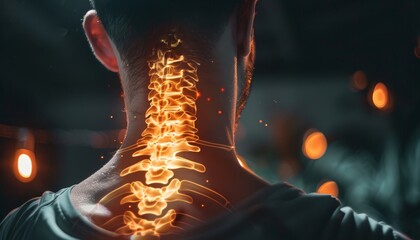 A man's neck is glowing red and the image has a futuristic, sci-fi feel to it by AI generated image