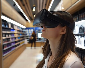 A young woman wearing a virtual reality headset in an electronics store. She is looking at the products on display.