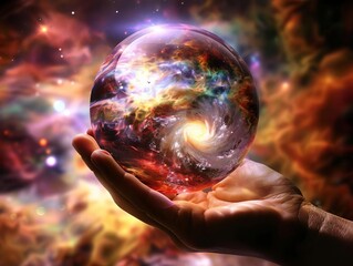 An illustrative photo of a hand holding a crystal ball, inside which a storm of cosmic activity is taking place, with swirling colors and light