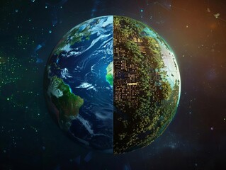 A digitalphysical globe split down the middle, one side showing a vibrant Earth with forests and oceans, the other side a stark digital matrix