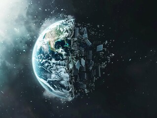 A visual metaphor of a split globe, one side portraying a cybernetic interface and the other a detailed satellite image of Earths surface