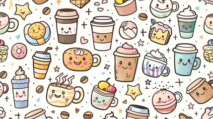 A seamless pattern of cute and colorful coffee cups, donuts, and other sweet treats. The perfect background for a coffee shop, bakery, or cafe.