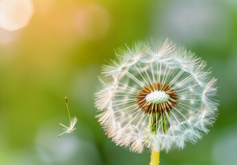 Obraz premium A dandelion is blowing in the wind, with its seeds scattered around it