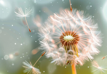 A dandelion is blowing in the wind, with its seeds scattered around it