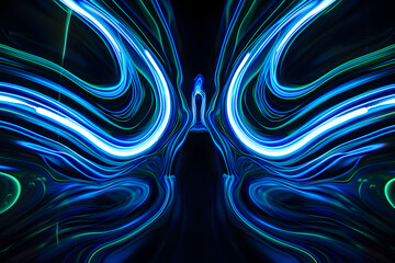 Mesmerizing pattern of blue and green neon lines. Abstract art on black background.