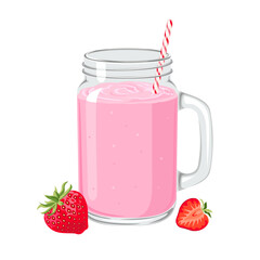 Strawberry smoothie in mason jar glass with straw isolated on white background. Pink milkshake. Vector cartoon illustration.