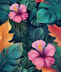 Vibrant illustration of tropical flowers with pink hibiscus blossoms, lush green leaves, and bright orange foliage.