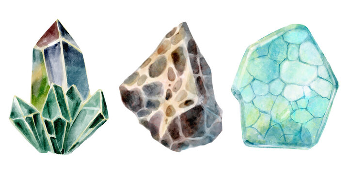 Crystal and stone in jurassic peroid . Watercolor painting style . Illustration .