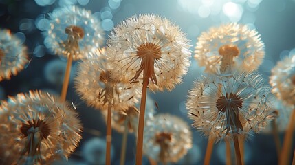 Summer background with dandelions on sky background with blur effect 