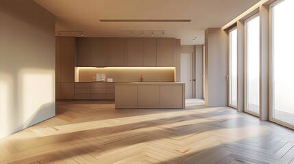 Contemporary kitchen corner with sleek wooden cabinetry and a modern aesthetic in a luxurious home. 3D Illustration