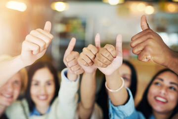 Business people, creative team or thumbs up with support, agreement or icon with cooperation....