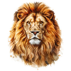 Naklejka premium Lion head hand drawn in watercolor isolated on transparent background.