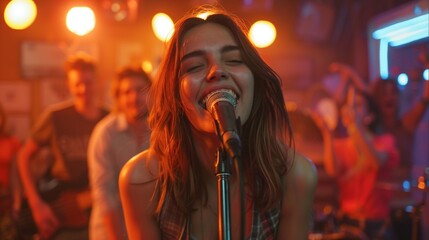 A dynamic shot of a young woman singing passionately into a microphone on stage The audience in the background is cheering and clapping, showing their appreciation for her performance 8K , high-resolu