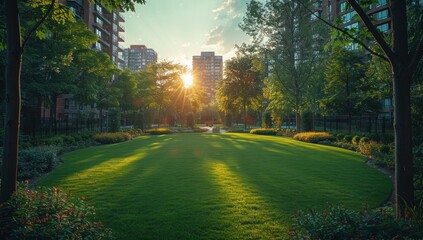 Obraz premium Capture the serenity of a tranquil park or green space nestled within a bustling urban environment, highlighting the importance of green infrastructure.