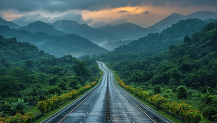 Fototapeta premium Highlight the harmony between nature and infrastructure in a scenic highway overpass, capturing the graceful lines against a backdrop of lush greenery.
