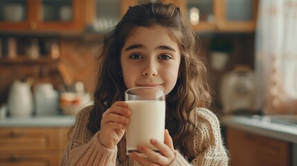 A girl holding a glass of mouthwatering fresh milk in the kitchen celebrating World Milk Day