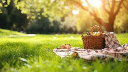 Na trawie leży kolorowy piknikowy koc obok kosza piknikowego. Słoneczna pogoda sprzyja piknikowaniu na świeżym powietrzu w parku