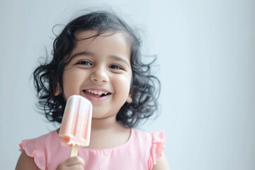 Cute indian little girl child smiling while eating lolly.