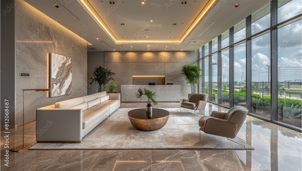 Poster showcase the seamless integration of form and function in a contemporary office building, emphasizin