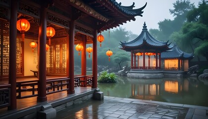 A traditional Chinese pavilion with ornate lanterns and a pond in the foreground , on a rainy day with a blurred background