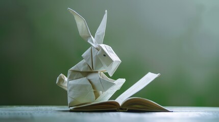 White paper rabbit origami reading a book