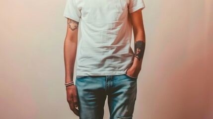 Obraz premium Person in a blank white t-shirt and denim jeans on a light background, ideal for branding mockups