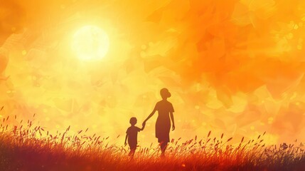 Radiant Mother-Son Silhouette Holding Hands: Honor Motherhood with this Touching Illustration