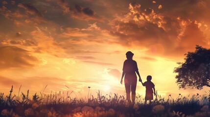 Fototapeta premium Radiant Mother-Son Silhouette Holding Hands: Honor Motherhood with this Touching Illustration