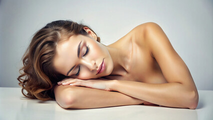 Fototapeta premium Shirtless Woman Sleeping in Studio, Portrait of Beauty and Relaxation
