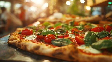 This mouthwatering pizza is topped with fresh tomatoes, basil, and mozzarella cheese.