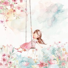 Little cartoon girl swings happily on a swing, surrounded by flowers in a summery park.