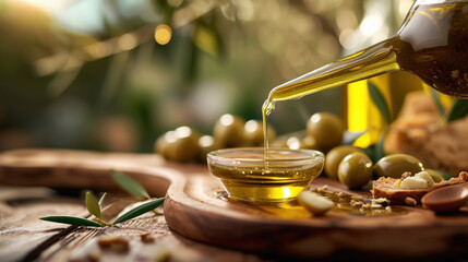 premium olive oil in Glass bottle with some olives