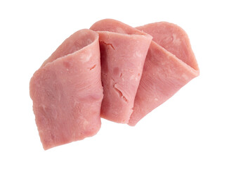 folded slices of boiled ham sausage isolated, pieces of sliced pork ham laid out to create layout