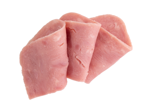 folded slices of boiled ham sausage isolated, pieces of sliced pork ham laid out to create layout
