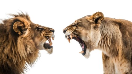 Close-up of a Lion and Lioness roaring at each other