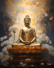 Oil painting capturing the serene and noble countenance of Buddha, rendered in striking gold with a...
