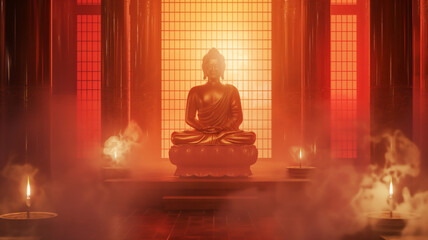 Golden Buddha statue in a serene temple with candles and red ambient light, surrounded by gentle smoke.