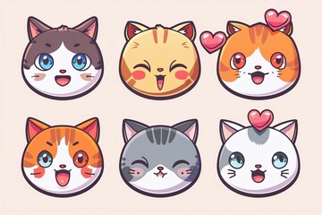  cute cats mascots head with hearts characters, vertical photo