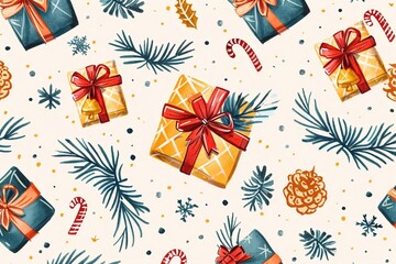 Conceptualize seamless patterns with gift boxes for Christmas and New Year celebrations.