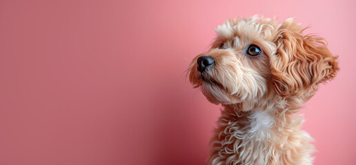 A dog breed poodle looking side on soft pink background, copy space concept banner cover wide image