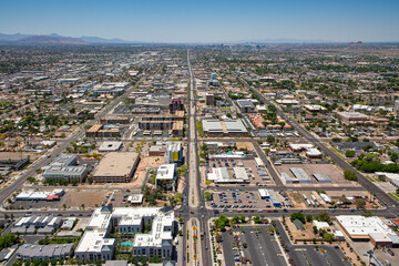 Downtown Mesa, Arizona aerial view from east to west
