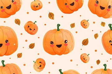 Beautiful seamless pattern with cute pumpkins and. Children's patterns. Kawaii Pumpkin autumn characters. Vector pattern perfect for fabric, invitation, poster, print