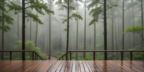 A rainy day in a forest with a wooden deck in the foreground