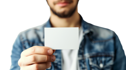Young man with afro hairstyle holding up a blank card, close-up portrait of aspiring young entrepreneur.