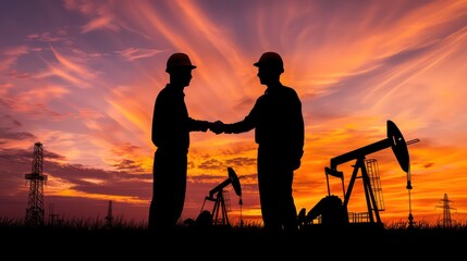 Silhouette of two engineers handshaking and making corporate contract outside in front of oil pump. People in helmets working in field at the oil