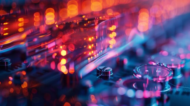 Abstract image of a circuit board with glowing lights and a futuristic look.