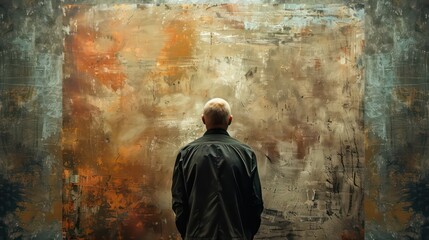 Obraz premium The back of an artists head a lone figure standing in front of a blank canvas pondering their next stroke with an intense stare and furrowed brows capturing the intense focus and dedication