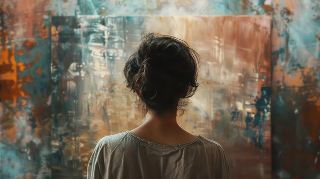 The back of an artists head a lone figure standing in front of a blank canvas pondering their next stroke with an intense stare and furrowed brows capturing the intense focus and dedication