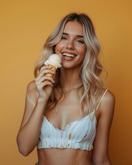 woman with ice cream on isolated background